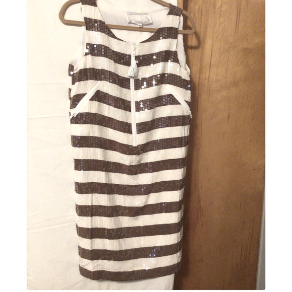 BROWN AND WHITE STRIP BODY WITH CLEAR SEQUINS WORK THROUGH OUT SZ 10 SILK DRESS - Picture 1 of 9